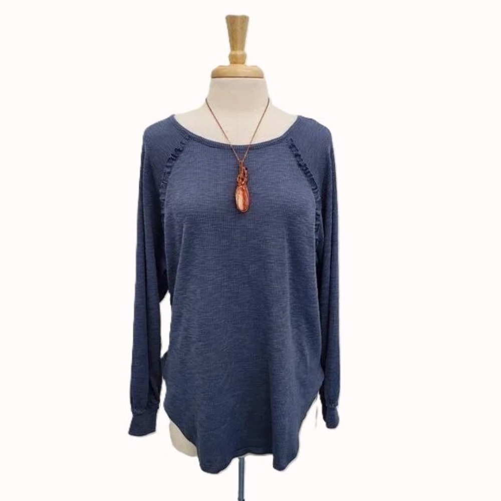 Lauren Conrad Womens M Blue Scoop Neck Ruffle Trim Long Sleeve Knit Top